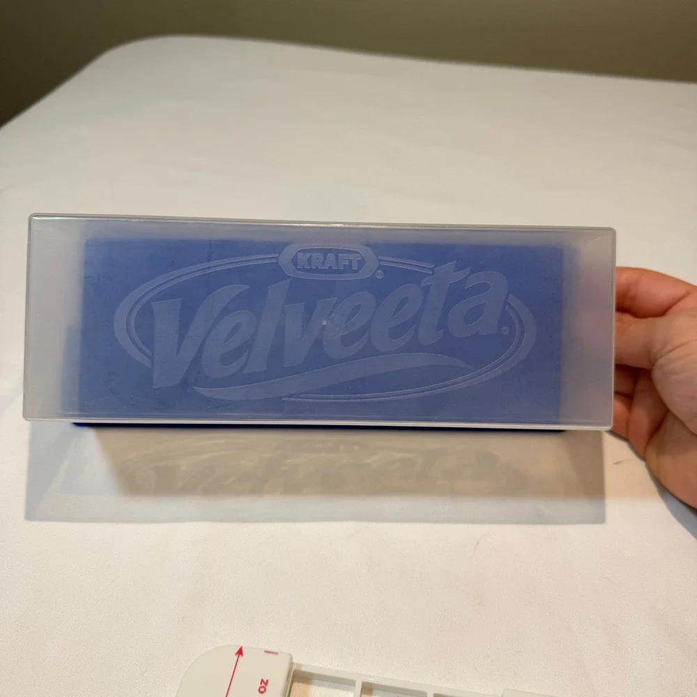 Vintage Kraft Velveeta Cheese Storage Container and 8oz Cheese Cuber Set Blue